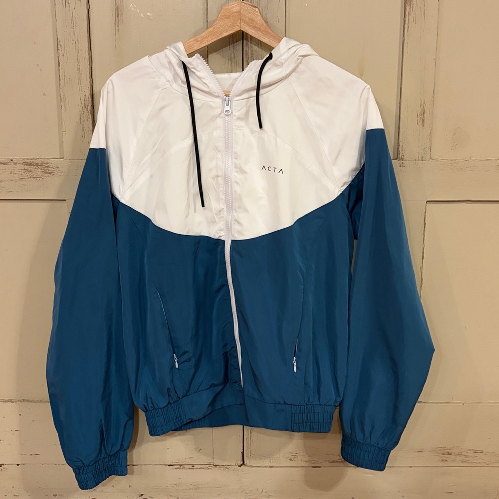 ACTA Windbreaker Rain Sports Jacket Zipper Pockets - Small Teal Blue & White